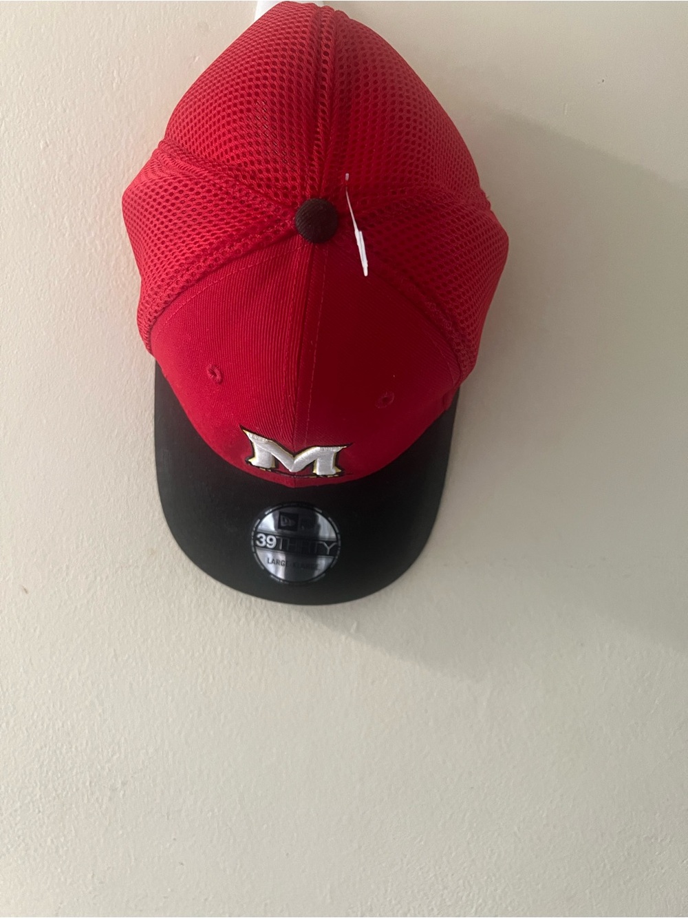 New Era Red and Black Mesh Baseball Cap with White 'M' Logo